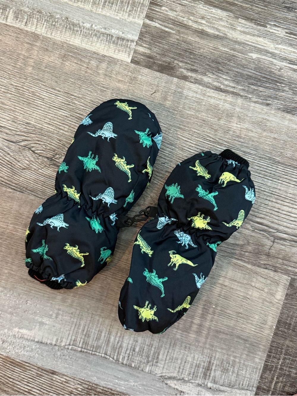 3M Thinsulate Black Kids One-Piece Mittens with Green and Yellow Dino Print
